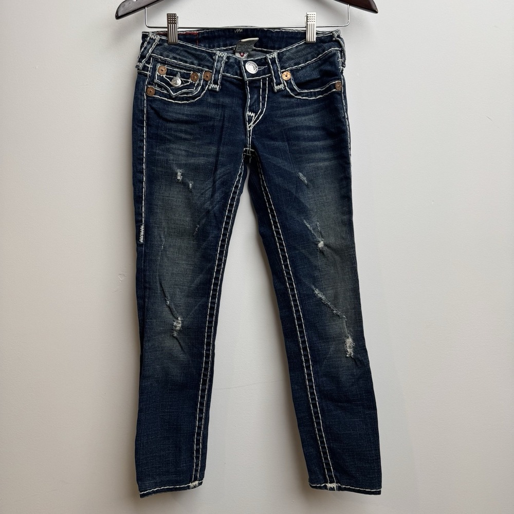 VTG True Religion Blue Jeans Women's Sz 25 Made In USA Distressed Big Thread Y2K